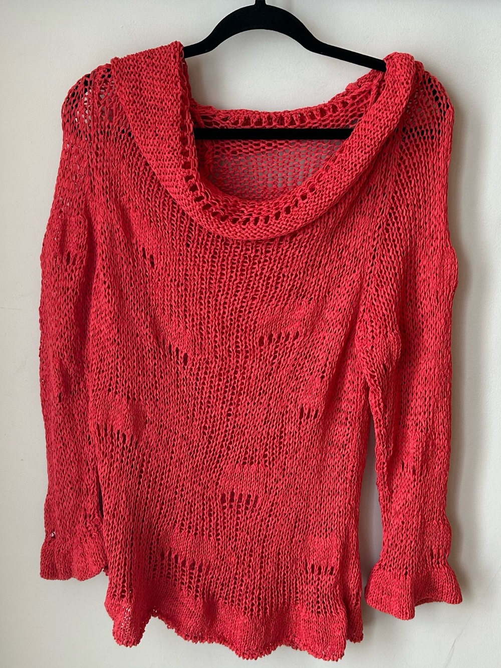 Crea Concept Coral Red Open Knit Cowl Neck Bell Sleeve Sweater Resortwear